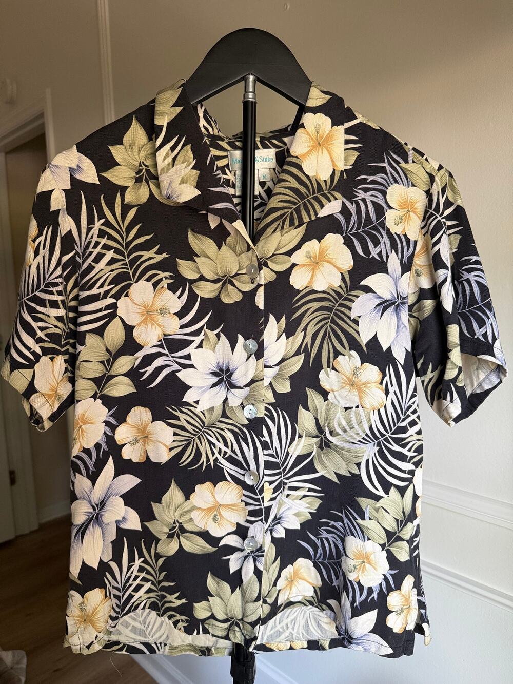 Vintage Mark Fore & Strike 100% Silk Floral Hawaiian Camp Shirt Womens M 90s